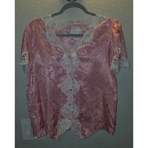 Vintage Partners Mervyns Pink Satin Jacquard Lace Trim Pajama Set Sz Med
